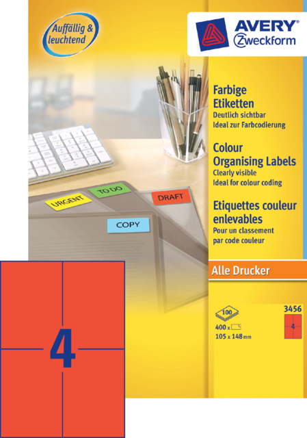 3456 - Avery Gekleurde Etiketten Zweckform 105x148mm 400st Rood