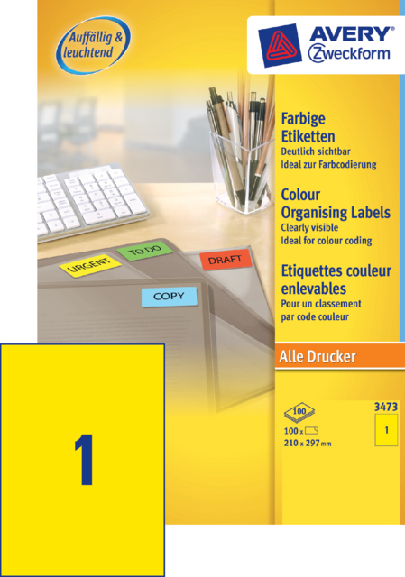 3473 - Avery Gekleurde Etiketten Zweckform 210x297mm 100st Geel