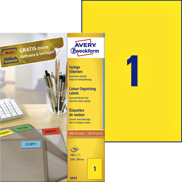 3473 - Avery Gekleurde Etiketten Zweckform 210x297mm 100st Geel